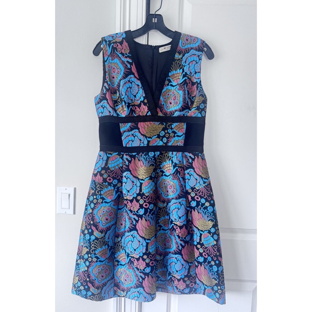 Etro Black Blue Multicolor Floral Jacquard Fit & Flare Dress IT 44 Made in Italy